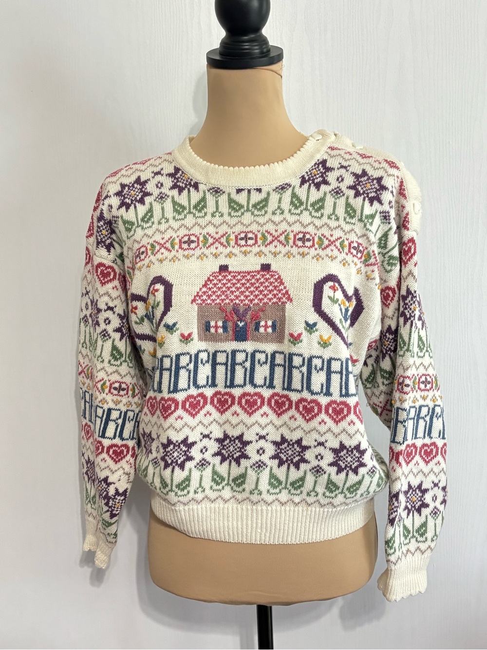 Northern Isles Sweater Womens Small Petite Ivory Vintage Cottagecore ABC Teacher